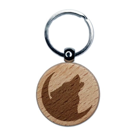 Wolf Howling Crescent Moon Round Keychain Charm Tag - Engraved Wood