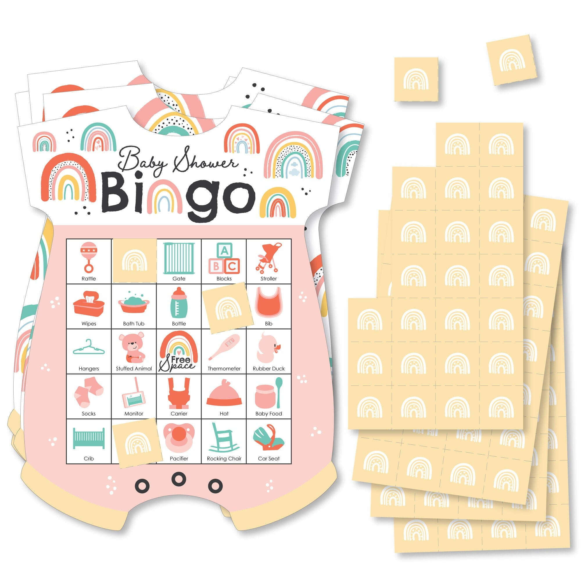 Big Dot of Happiness Hello Rainbow - Picture Bingo Cards and Markers - Boho Baby Shower Shaped Bingo Game - Set of 18
