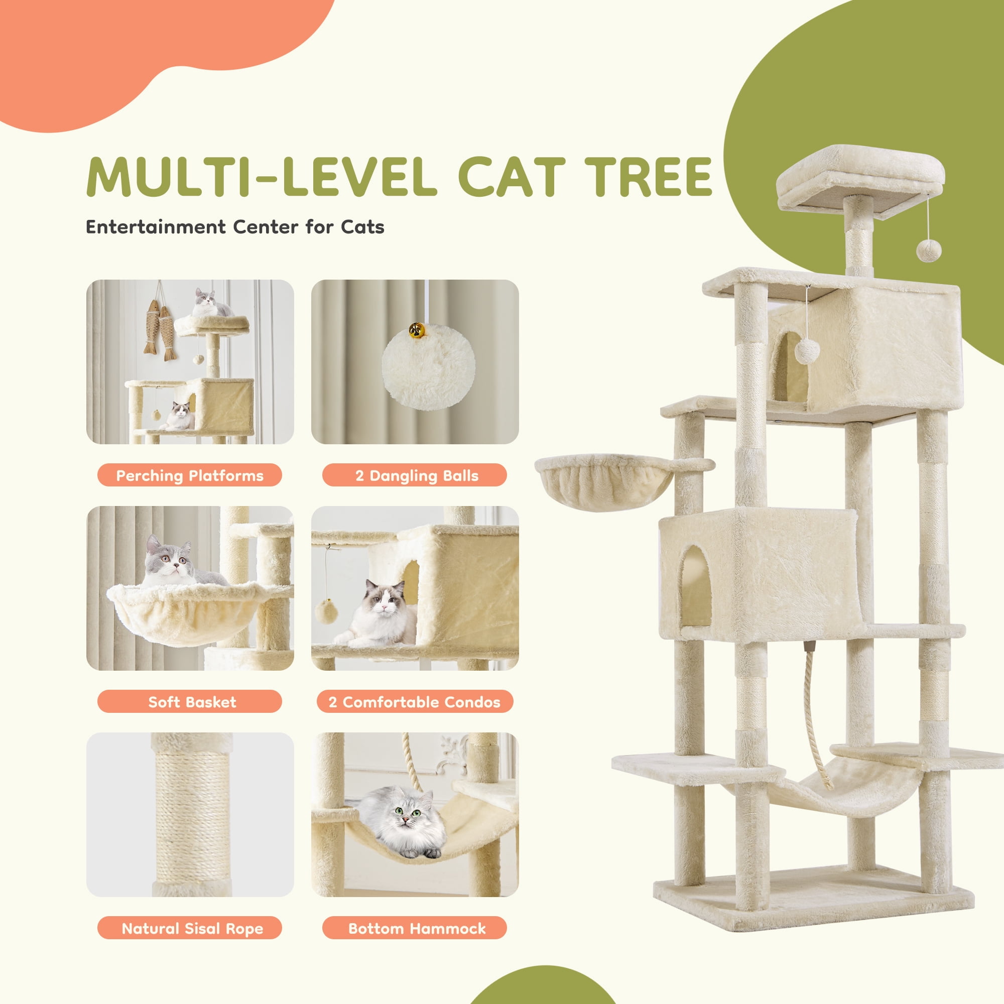 JIOABL 66" Multi-Level Cat Tree Tower with Hammock, Large Condo, Climbing Plates, Plush Toy, Kitty Playing House, Beige