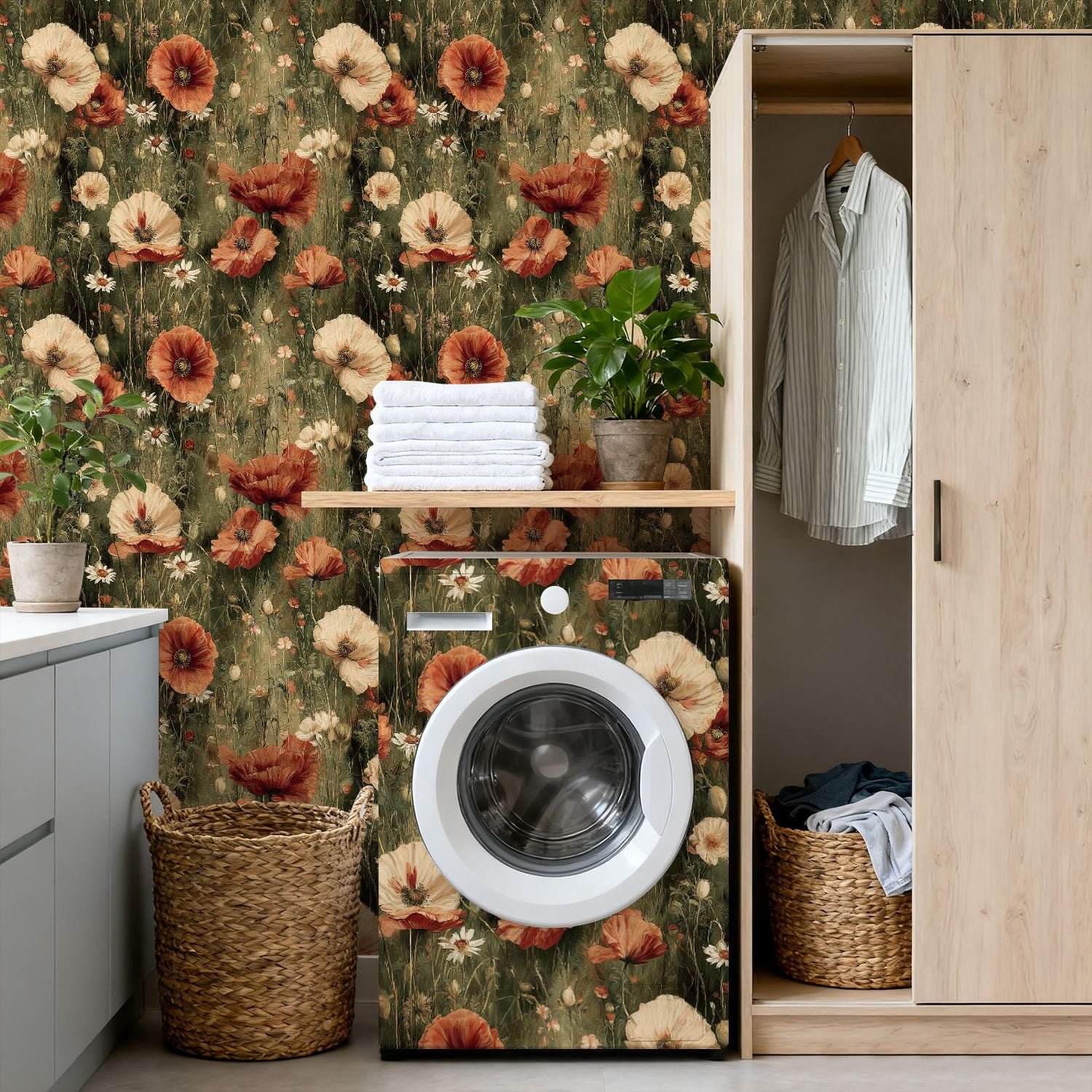 Peel and Stick Wallpaper Vintage Flower Field White Red Blooms Wall Mural 17.7in x 9.8ft Self Adhesive Removable Wall Paper Renter Friendly Wallpaper for Nursery Bedroom Cabinets