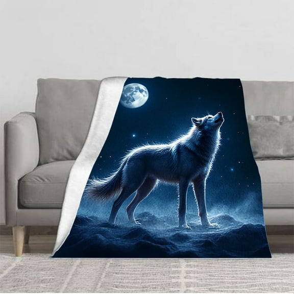 Majestic White Wolf Under Full Moon - Durable Soft & Warm Flannel Blanket for Sofa Travel Bed Chair - Cozy Starry Night Design