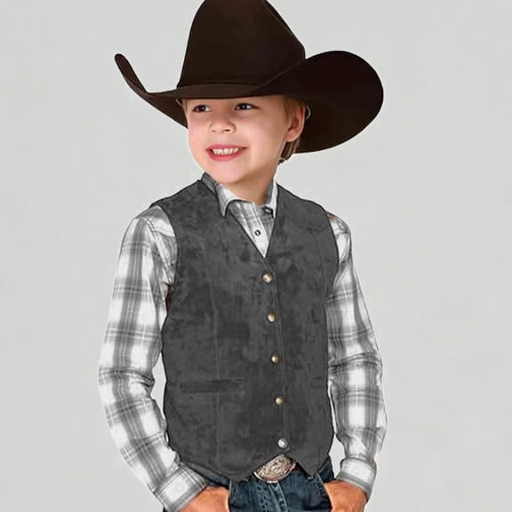 Xijirk Boys Western Style Cowboy Vest with Buttons Casual V-Neck Suede for Cowboy Themed Party,9-10 Years