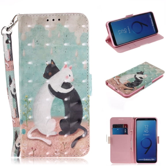 Galaxy S9 Case, S9 Case, Allytech 3D PU Leather Protective Cover & Pocket Lanyard Wallet with Cards Holder, Support Kickstand Slim Case for Samsung Galaxy S9, Black & White Cat