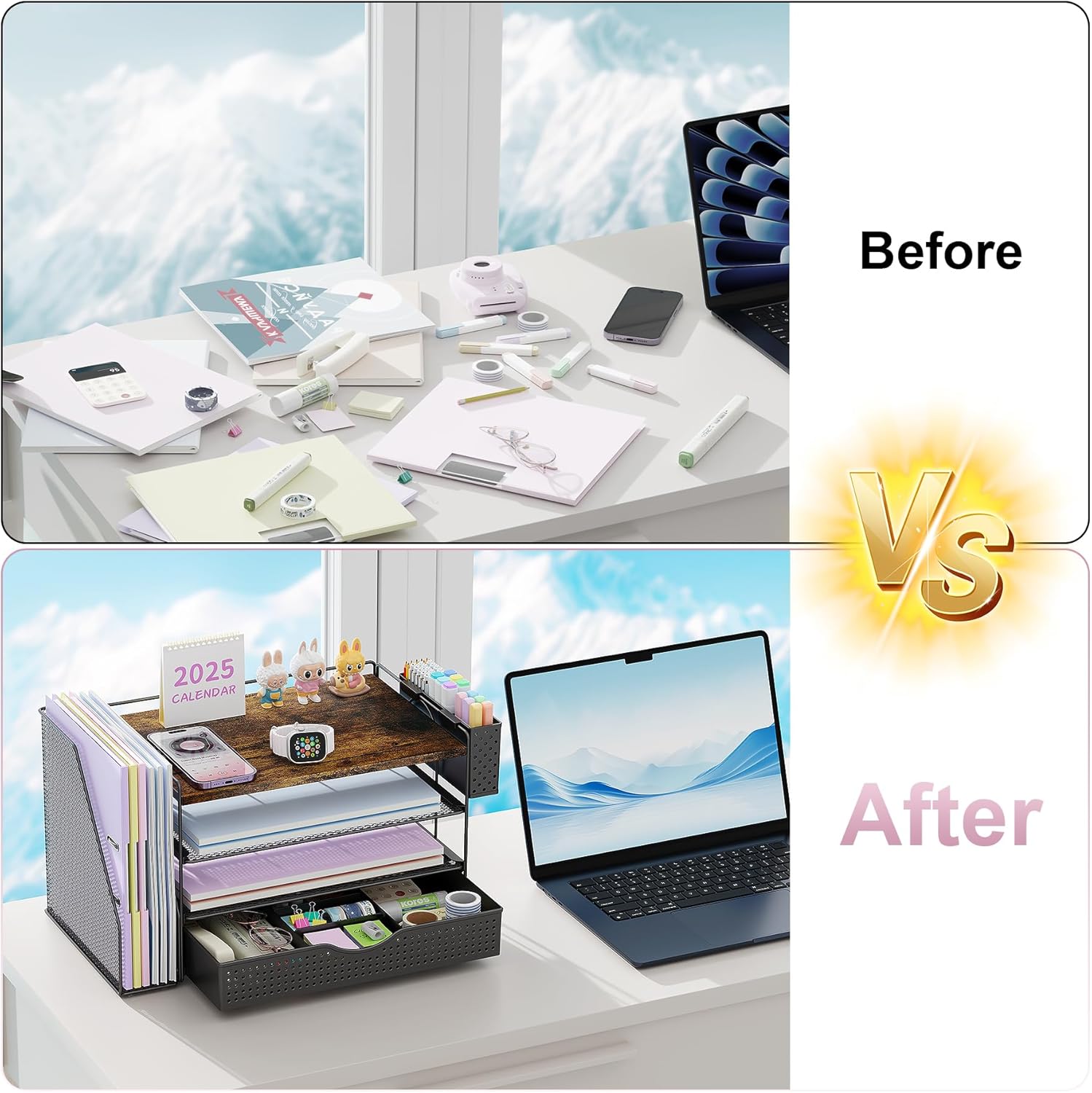 Wood Desk Organizers and Accessories with File Holder, 4-Tier & Workspace Drawer Pen Reference Organizer (Wood, 4T Drawer)