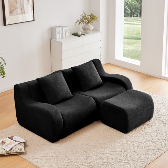 L-Shaped Teddy Fabric 2-Seat Boneless Sofa, No Assembly Required Curved Armrest, Streamlined Design Ergonomic Design, 32D High Density Sponge for Living Rooms Rest Areas Bedroom (Black)