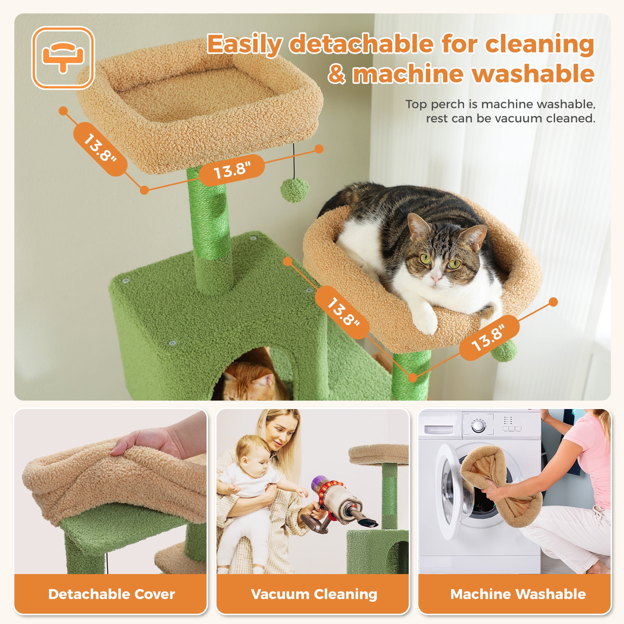 resenkos 70" Cat Tree Tower for Indoor Cats, Multi-Level Cat Tree House Cat Scratching Post with 2 Perches, 2 Cat Condos, Hammock and 2 Pompoms, Green