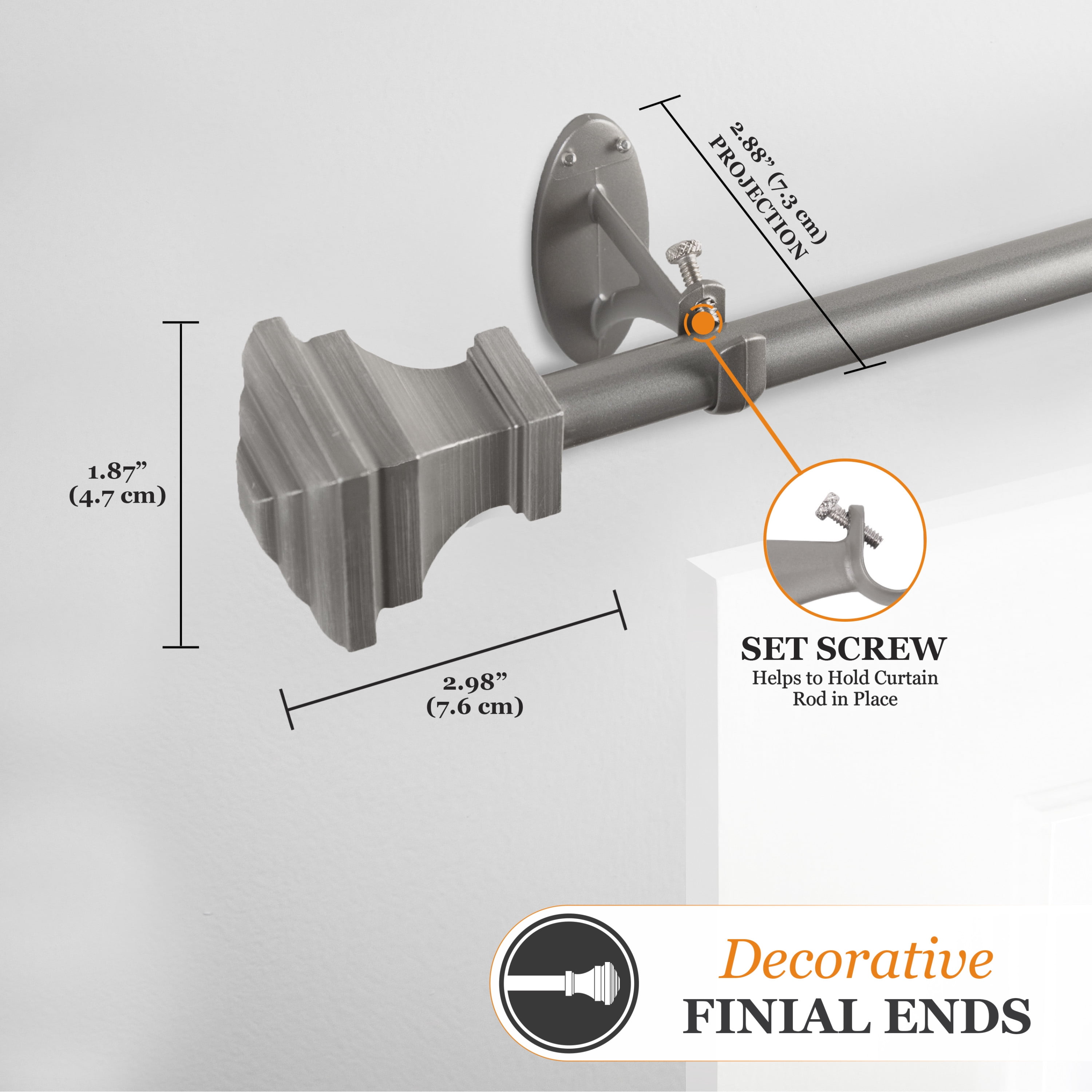 Kenney Milton 5/8" Fast Fit, Easy Install Decorative Window Curtain Rod, 66-120", Pewter