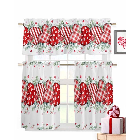 Valentine's Day Kitchen Curtains Valances and Tiers Set of 3, 36 Inch Length Tier Curtains and Valance Rod Pocket Valance Curtains Set for Kitchen Bathroom Small Windows