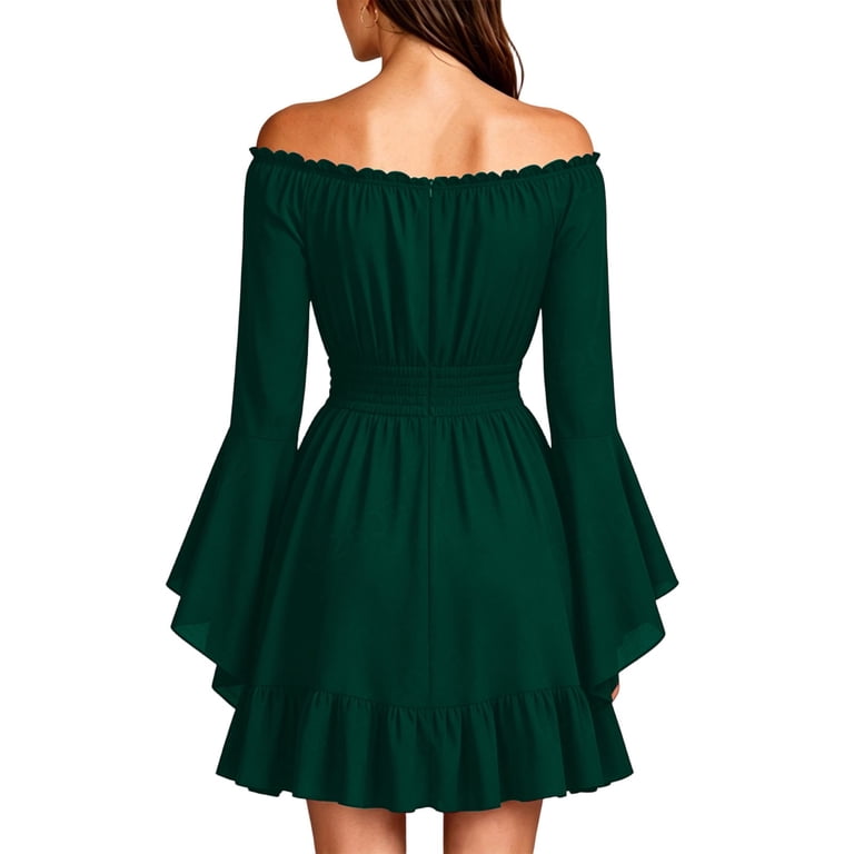 boho dark green dress Women Off‑Shoulder Mini Bell Long Sleeve Smocked Waist Ruffle Hem Dress XL SHOP > DRESSES