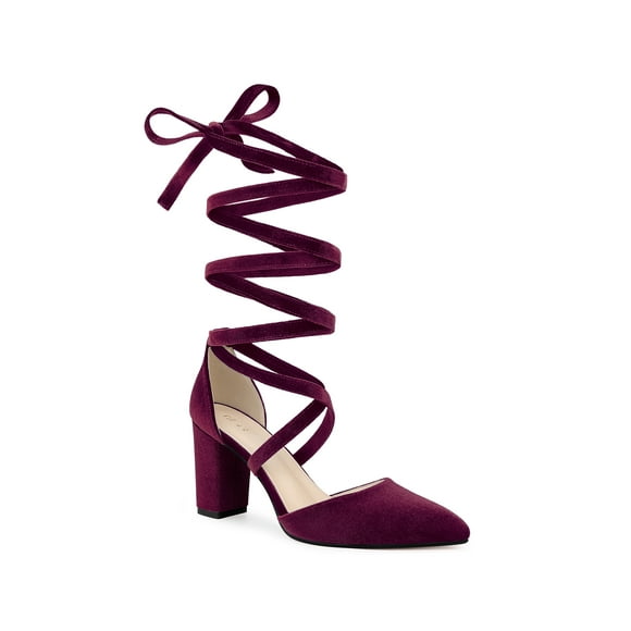 Allegra K Women's Velvet Lace Up Block Heels Pointed Toe Pumps Burgundy 9.5