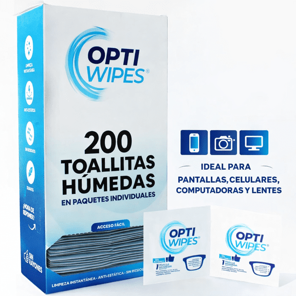 Toallitas Húmedas Limpiadoras Optiwipes Lentes Pantallas 200 Pzs