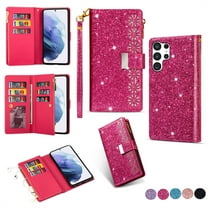 TECH CIRCLE Cute Shiny Flip Wallet Case with Wrist Strap for Galaxy S25  (2025 Release) 6.7", Built-in Stand, 9 Card Slots, Zipper Pocket, PU Leather Protective Lightweight Cover, Rose