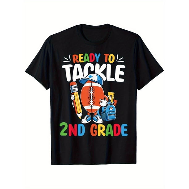 180g 100% Cotton Ready to Tackle 2nd Grade Football Graphic T-Shirt for Boys - Soft Breathable Fabric, Playful Football & School Supplies Design, Sporty Casual Short Sleeve Round Neck Tee