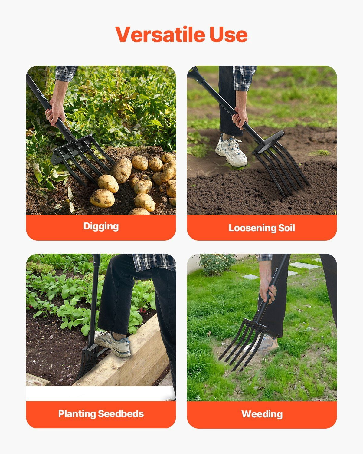 5 Tines Garden Fork Tool, 41 Inch Heavy Duty Spading Pitchfork with Metal Handle and Y Grip, Durable Non-Slip Digging Fork for Farming, Gardening, Soil Turning, Barn Work, and Landscaping Tasks