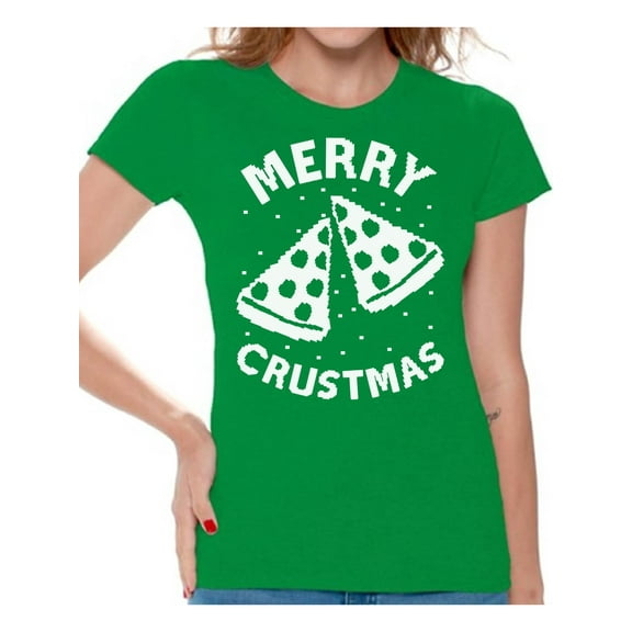 Awkward Styles Merry Crustmas Christmas Shirts for Women Pizza Christmas T-Shirt Merry Christmas Women's Holiday Top Christmas T-shirt Holiday Gift Idea For Pizza Lovers Christmas Shirts