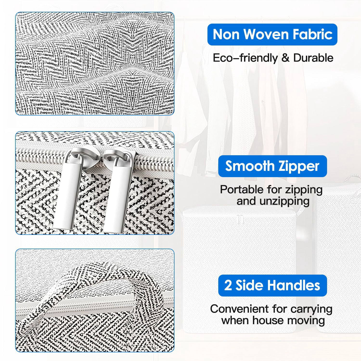 Foldable Clothing Storage Bags, Non-Woven Fabric Closet Organizers, 4 Pack, 8-58 Gallon, with Handles, Dust-Proof Cover and Zipper