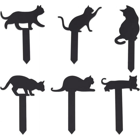6pcs 6-Style Black Acrylic Cat Plant Decoration Animals Themed Acrylic Stakes Acrylic Plant Label Signs 3.3~4.1 Inch Length