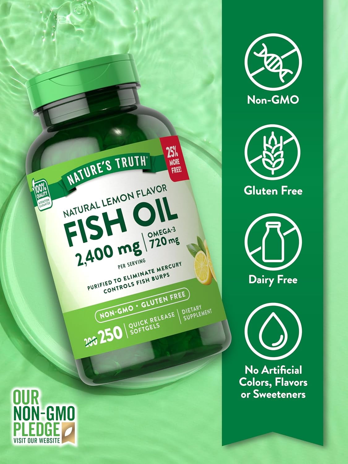 Fish Oil Omega 3 | 2400 mg | 250 Softgels  | Burpless Lemon Flavor Pills | by Nature's Truth