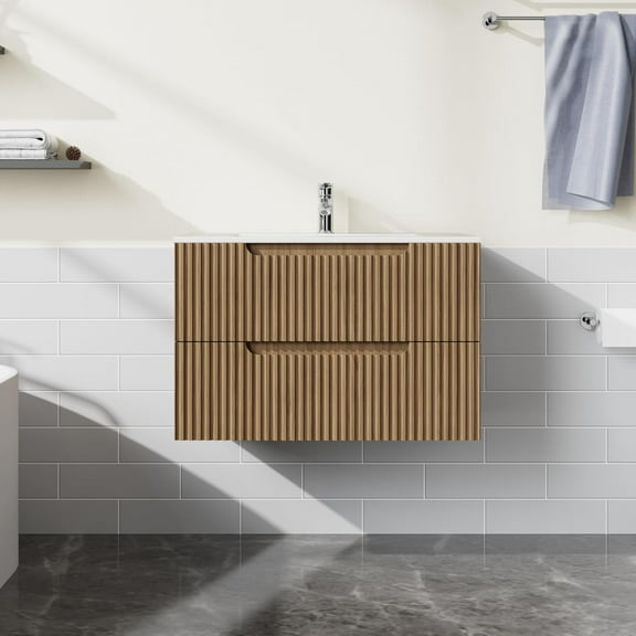 30" Wall Mounted Vanity with Sink, Walnut, 2 Soft-Close Drawers
