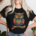 thumbnail image 2 of Owl Perched On A Tree Branch Colorful Pattern Owl Lover Women T-Shirt – Artistic Wildlife Graphic Tee, Nature and Birdwatching Enthusiast Apparel, Cute Gift for Owl Fans, Forest Animal Print Shirt, 2 of 3