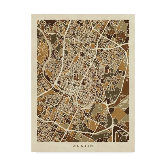 Trademark Fine Art 'Austin Texas City Map Brown' Canvas Art by Michael Tompsett