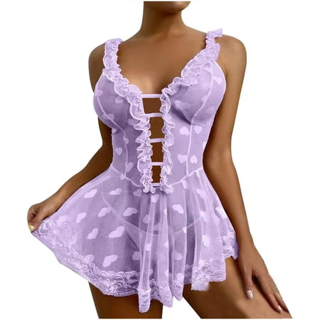 

QENGING Womens Lingerie Clearance Contrast Lace Bow Front Satin Solid Babydoll Sleepwear