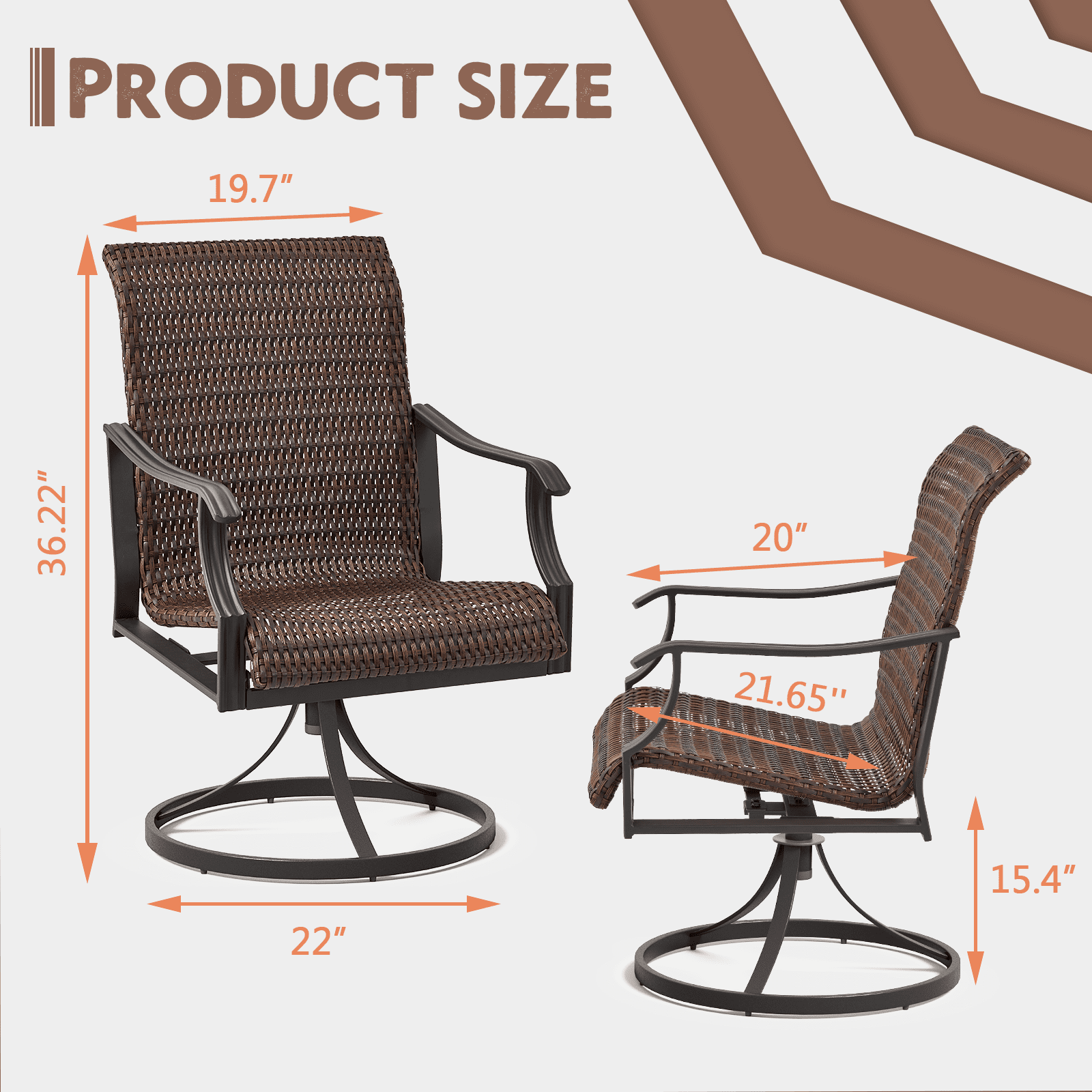 MELLCOM Patio Wicker Swivel Chair Set of 2, Heavy Duty Outdoor Dining Chairs with 23.5'' High Back, Extra-Large Water-Fall Seat, Rattan Porch Chair Gentle Rocker for Outside