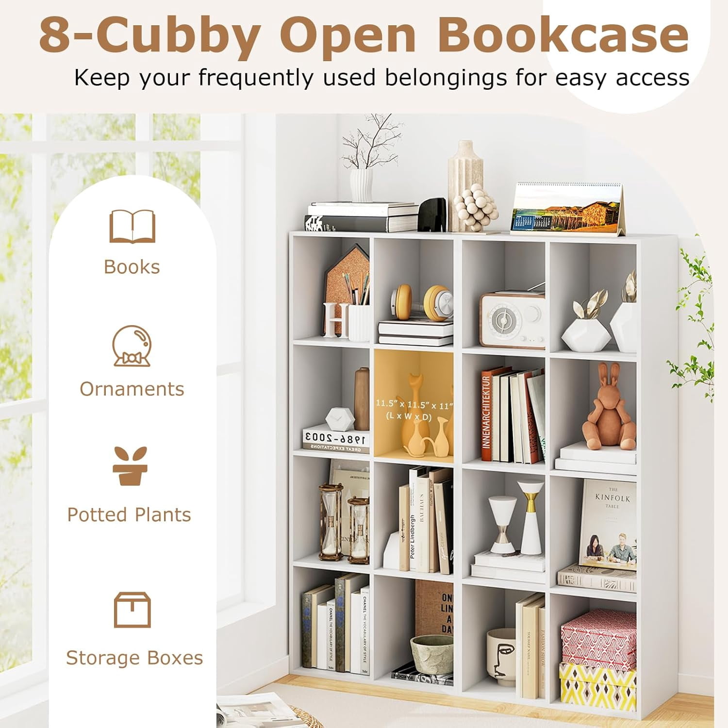 8 Cube Storage Organizer, Wooden Vertical & Horizontal Book Shelf, 24” Low Bookcase Under Window with Back Panels, 2-Tier Bookshelf for Classroom Home Office Living Room (White)