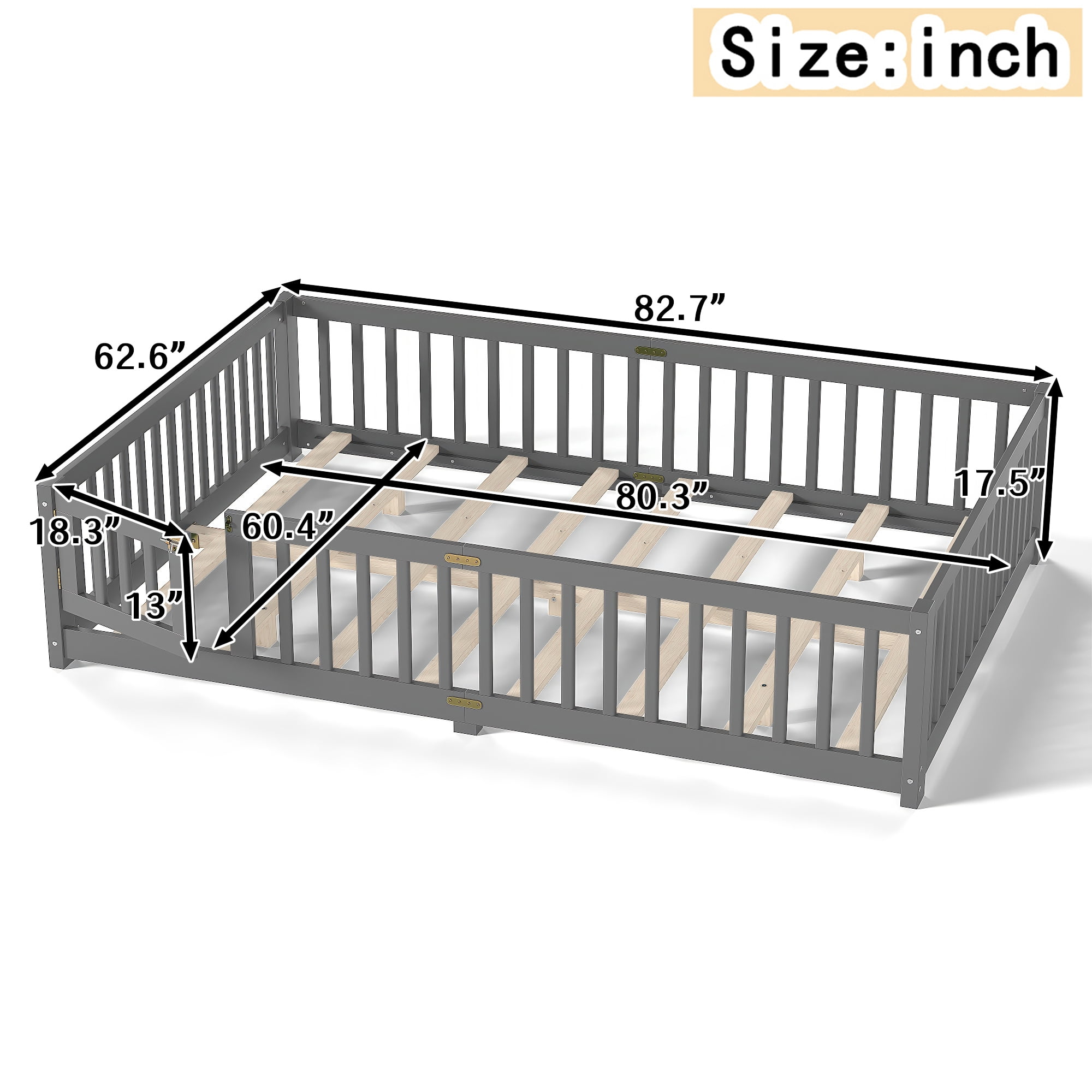 Queen Size Montessori Floor Bed with Rails, Wood Kids Floor Bed with Door and Slats Support, Toddler Bed Montessori Bed for Boys Girls, No Box Spring Needed Design