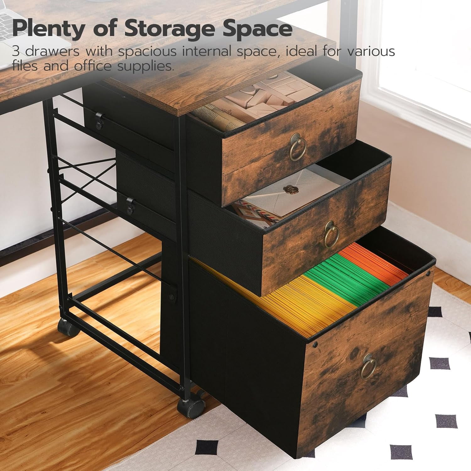 3-Drawer Rolling File Cabinet for Home Office, Vertical Under-Desk Cart with Fabric Drawers, A4/Letter-Sized, Rustic Brown