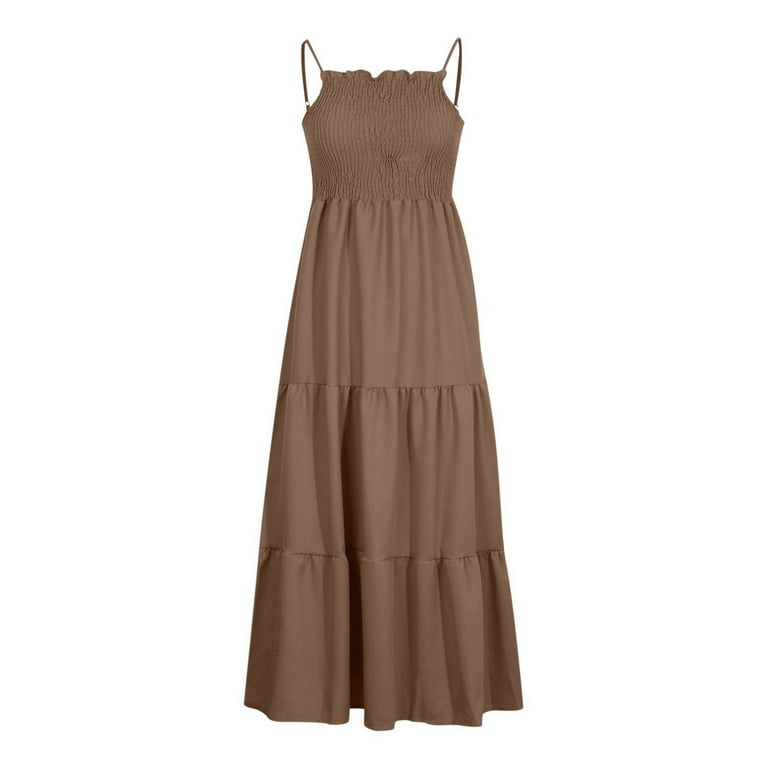 IROINNID Boho Dress for Women Casual Cocktail Wedding Guest Dress Bohemian  Spaghetti Strap Beach Dresses Sleeveless Solid Maxi Semi Formal A-Line Dress,Coffee 