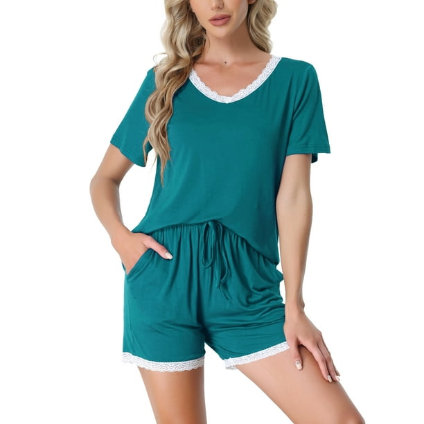 Conjunto de pijama para mujer INSPIRE CHIC, camisetas de manga corta y pantalones cortos, ropa de noche con bolsillos, XS Verde pavo real