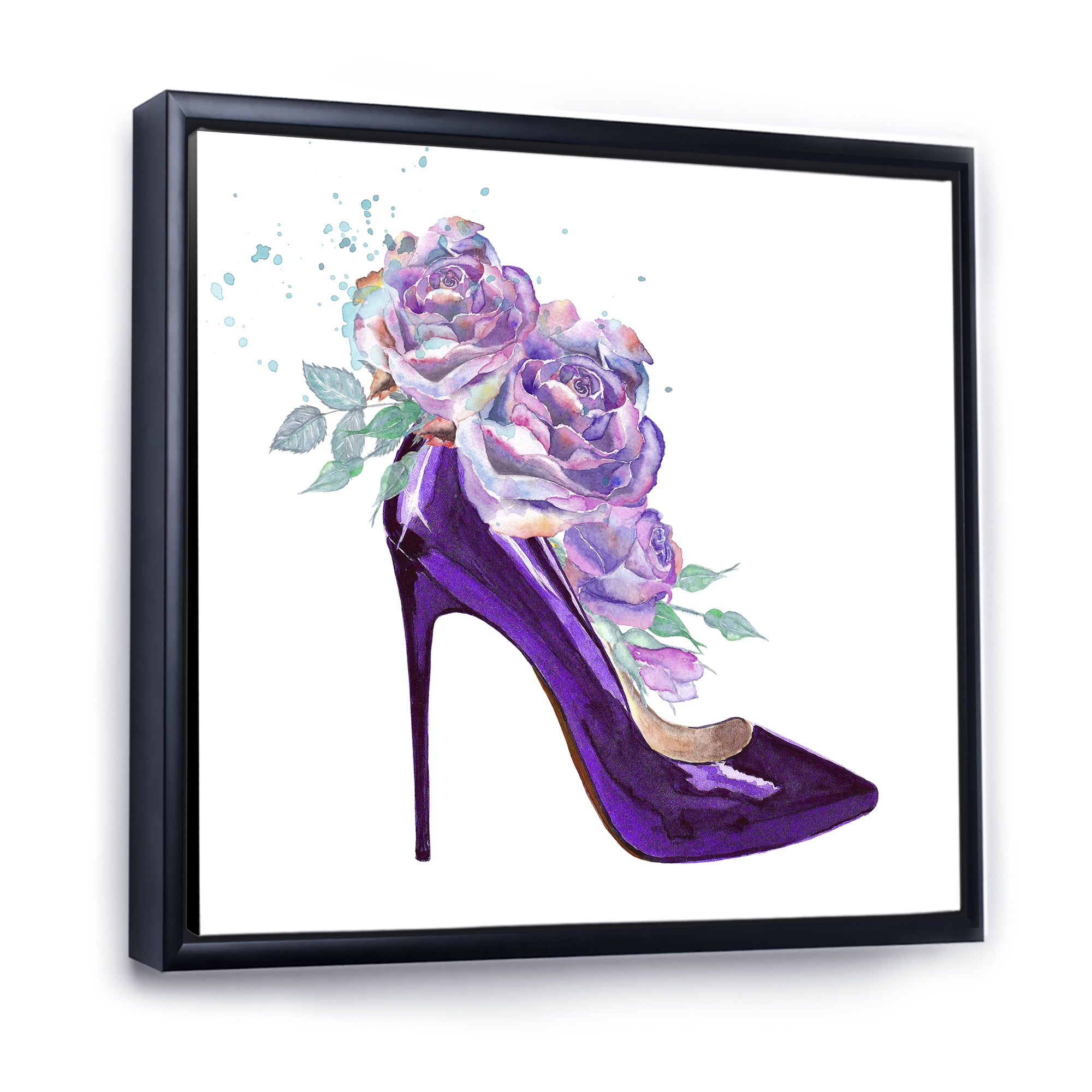 Designart 'Pink VIolet Roses With Dark Purple Stiletto Shoe' Traditional Framed Canvas Wall Art Print