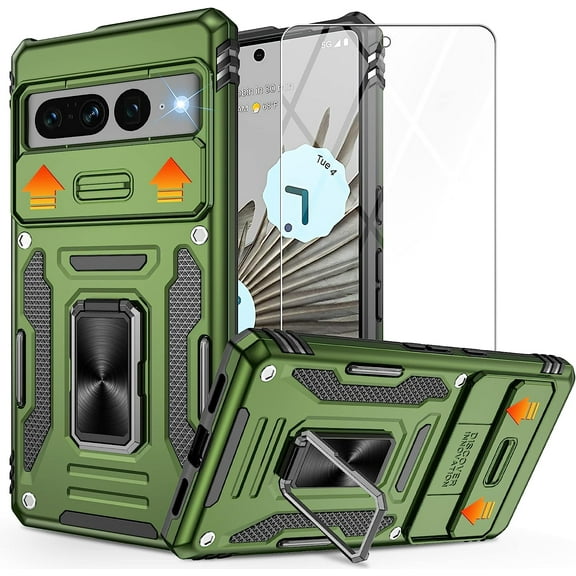Pixel 7 Pro case, Google Pixel 7 Pro Case with Slide Camera Cover,Google Pixel 7 Pro Phone Case with HD Screen Protector, Magnetic Kickstand Case for Google Pixel 7 Pro,Green