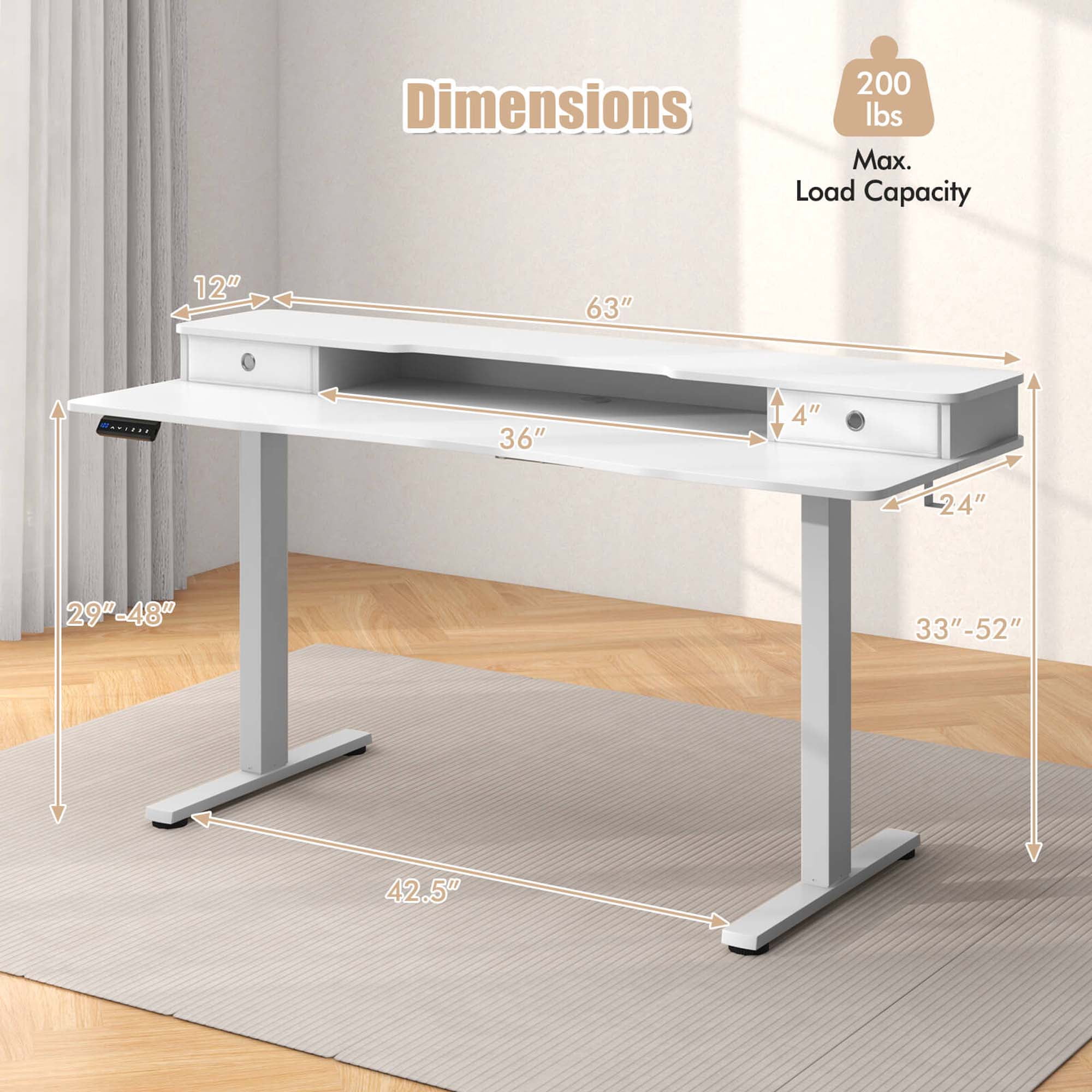 Costway 63" x 24" Electric Standing Desk with 2 Drawers Monitor Stand Storage Shelf White