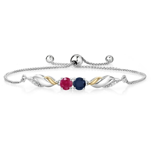 Gem Stone King 1.17 Ct Round Blue Sapphire Red Ruby 925 Silver and 10K Yellow Gold Lab Grown Diamond Bracelet for Women