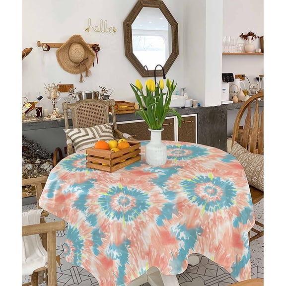 Teal Orange Tablecloth Square Table Cloth 60x60 , Waterproof Tablecloth Outdoor Table Cloth, Modern Tie Dyeing Contemporary Abstract Art Washable Table Cover for Kitchen Dining Party