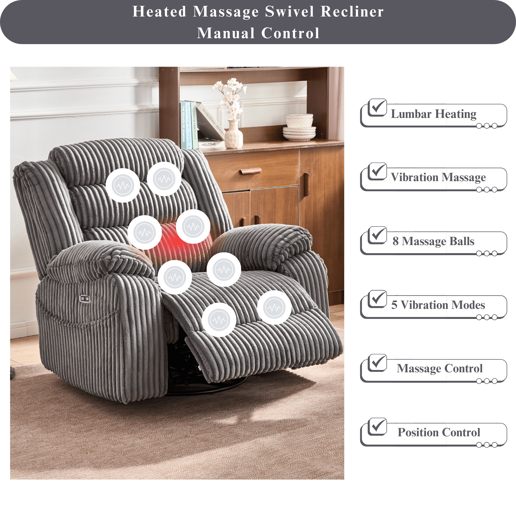 JUUXO Extra Wide Rocking Power Recliner Chair 270° Swivel with Heat Massage - USB & Type C Charging Port - Velvet Swivel Reclining Chair for Living Room Bedroom Office