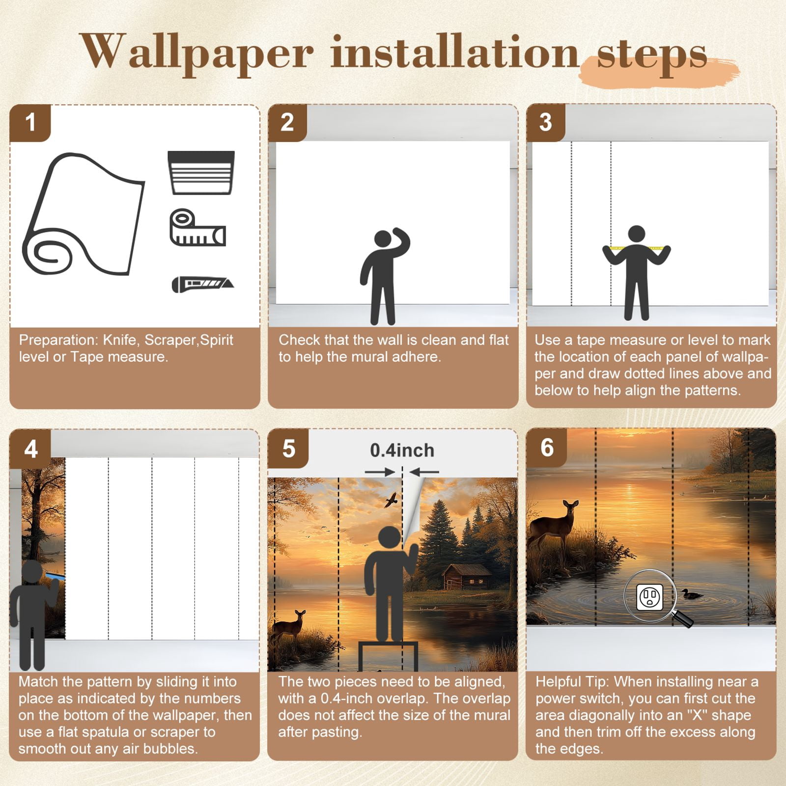 Wallpaper Animal Deer Vintage Wildlife Rustic Duck Cabin Sunset Peel and Stick Wall Murals 69"H x 96"W Removable PVC Wall Paper Self-Adhesive Wall Paintings Art Decor for Bedroom Living Room