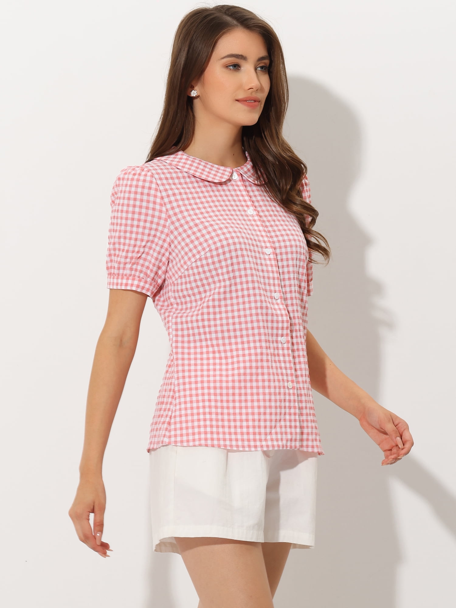 DARING DIVA Women's Plaid Button Down Puff Peter Pan Collar Shirt S Pink