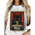 thumbnail image 2 of Women's T-Shirt Vintage Japanese Cat Quirky Black Cat Eating Ramen Short Sleeve Casual Tee Classic Crew Neck T Shirt for Women White, S, 2 of 7