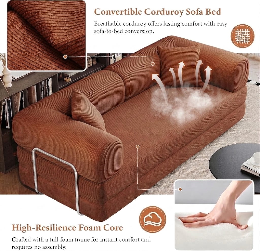 avobird 78" Convertible Sofa Bed, 5-in-1 Corduroy Futon Pull Out Couch, No Assembly Boneless Sleeper Sofa for Living Room & Bedroom, Orange