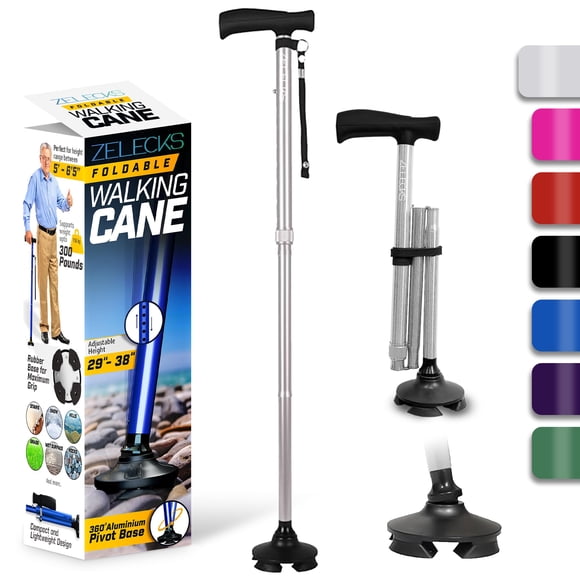 Bastón ZELECKS para mujeres y hombres - Bastón plegable ajustable y autónomo con mango en T y base giratoria de 360 grados - Bastón plegable y ligero para personas mayores - Bastón plegable para camin
