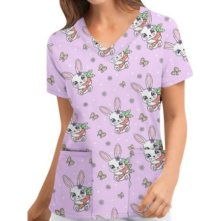 

FOCUSNORM Easter Women Scrubs Tops Easter Eggs Bunny Print V Neck Short Sleeve Medical Scrub Shirts Working Uniform with Pockets