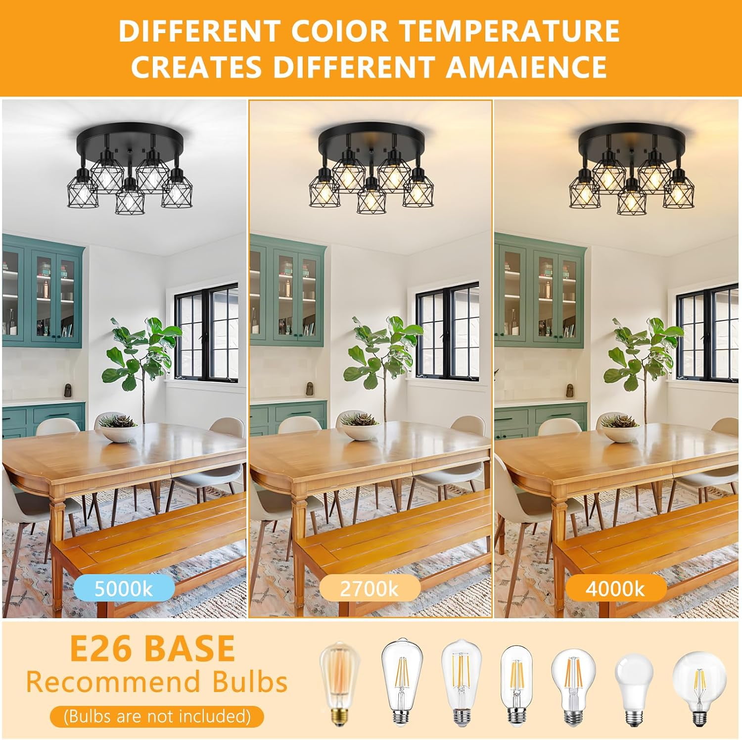 5-Light Adjustable Kitchen Light Fixtures Multi-Directional Black Ceiling Light Fixtures Semi Flush Mount Ceiling Light Vintage Metal Cage Spotlight Fixture for Hallway Dining Room Entryway