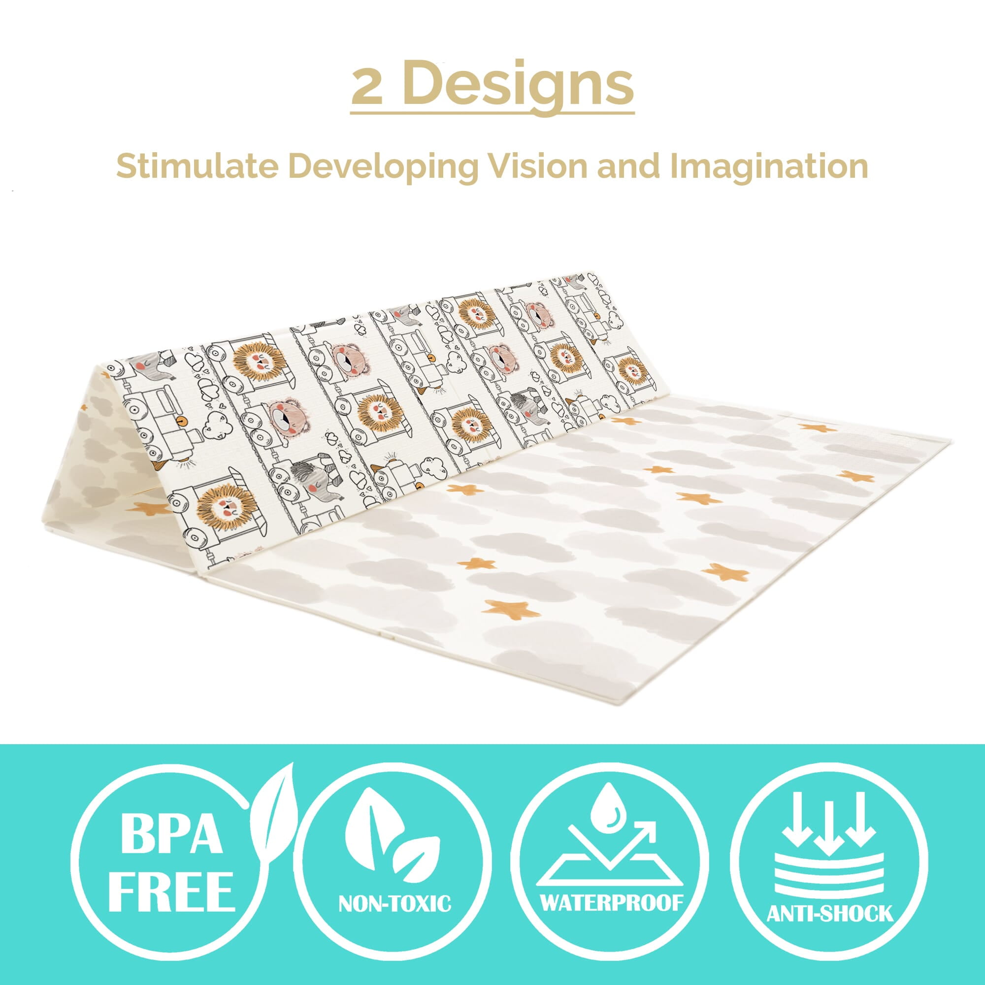 JumpOff Jo Large Foldable Kids Foam Play Mat, Padded Baby Floor Mat, 70 x 59 in - Zoo Train