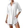 thumbnail image 5 of Fesfesfes Women's Tassel Hem Beach Cover Up Button Down Shirt Dress Oversized 3/4 Sleeve Swimsuit Cover Up Vacation Resort Wear Summer Bikini Beach Dress, 5 of 7