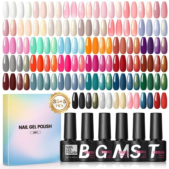 Coscelia 40PC Gel Nail Polish Set Pink Nude Red Multi Type Top Base Coat Kit Glitter 35 Colors Gel Polish Set Nail Art DIY at Home Gift for Women