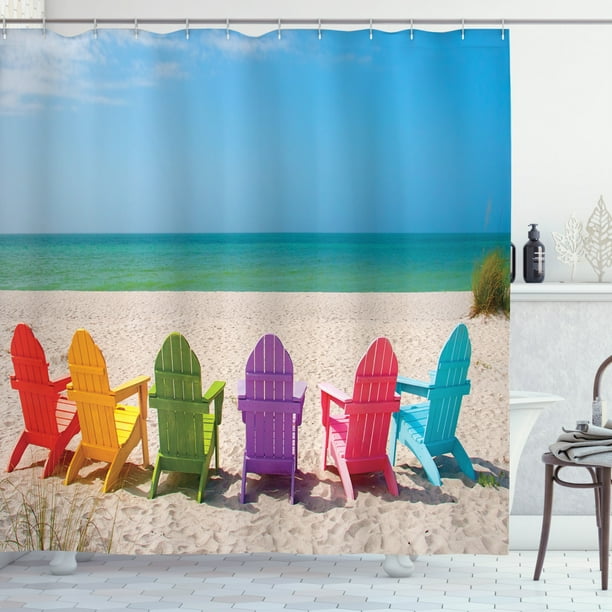 Beach Shower Curtain, Colorful Chairs Summer Season Vacation Themed