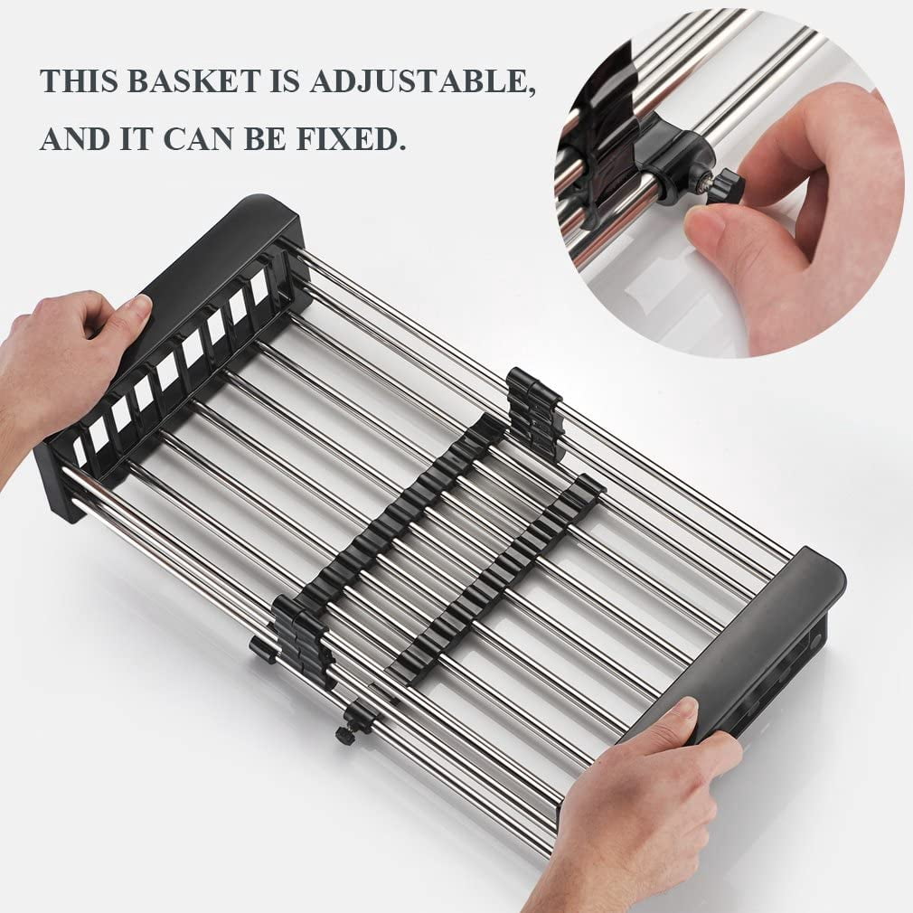 GULICA Dish Drying Rack Grey, Adjustable Stainless Steel Drainer Basket Drain Tray for Dish Vegetable Fruit, On Counter Dish Rack or in Sink Over Sink Kitchen Basket Dish Drying Rack, Large